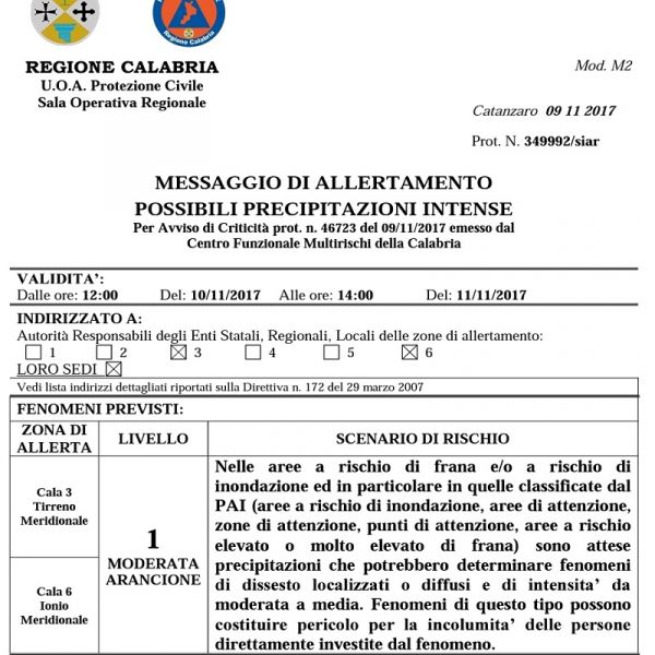 Comune di Reggio Calabria, allerta meteo